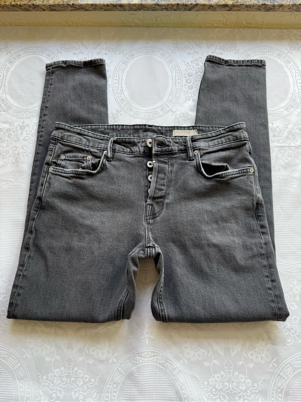 AllSaints Rex Men's Straight Slim Jeans Washed Denim Charcoal Gray Men’s Size 34